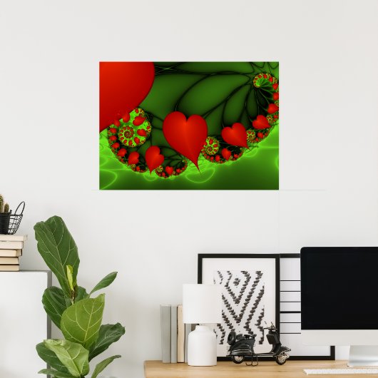 Poster Coeurs rouges Lime vert Moderne Art Abstrait fract (Bureau à domicile)