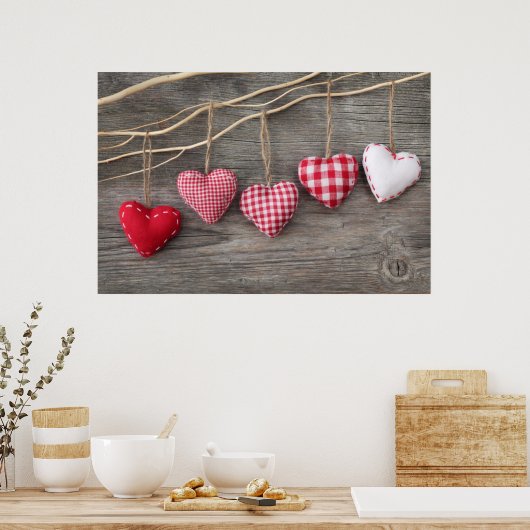 Poster Coeurs rouges sur table en bois (Cuisine)