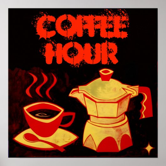 Poster COFFEE HOUR /Red Yellow Coffee Cup and Coffeepot (Devant)