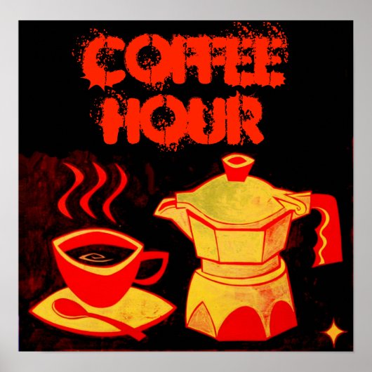 Poster COFFEE HOUR /Red Yellow Coffee Cup and Coffeepot (Devant)