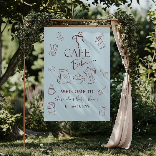 Poster Coffee Theme Blue Bow Cafe Bebe Boy Baby Shower
