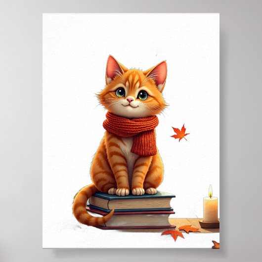 Poster Coin lecture confortable de chat d'automne Illustr (Devant)