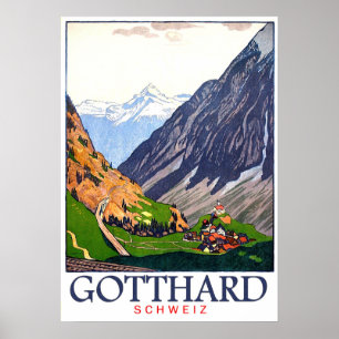 Poster col Gotthard, Suisse, village, vintage