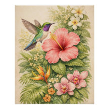 Colibri botanique tropical vibrant Hibiscus