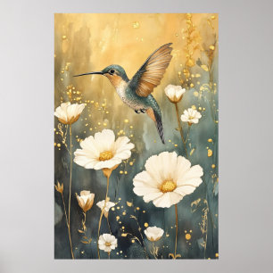 Poster colibri en plein vol au milieu de fleurs blanches