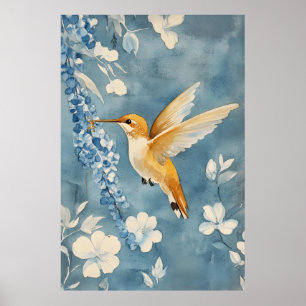 Poster colibri en vol parmi des fleurs blanches