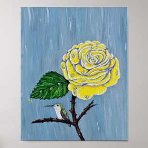 Poster Colibri et Rose dans la peinture de pluie