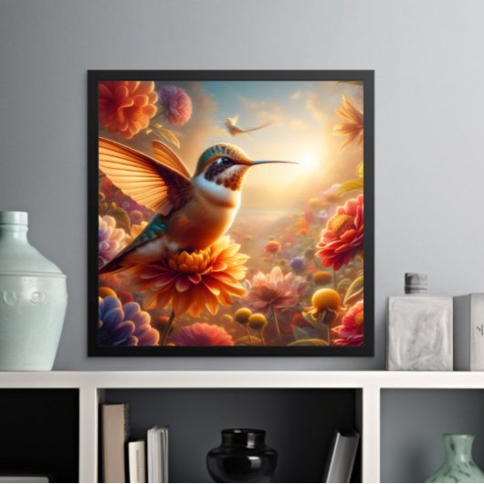 Poster Colibri gracieux S'enfonçant au-dessus de la fleur