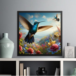 Poster Colibri gracieux volant au-dessus du champ de fleu