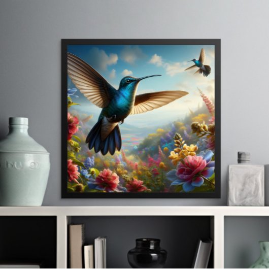 Poster Colibri gracieux volant au-dessus du champ de fleu