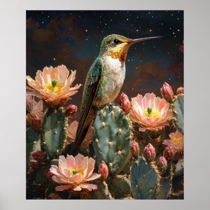 Poster Colibri sur un cactus en fleurs