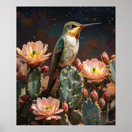 Poster Colibri sur un cactus en fleurs (Devant)