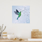 Poster Colibri Vert Avec Fleur De Cerisier Bleu (Cuisine)