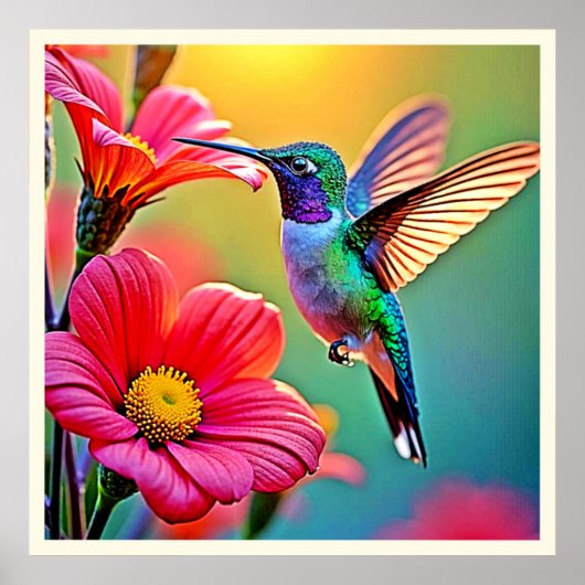 Poster Colibri vibrant au coucher du soleil (Devant)