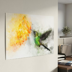Poster Colibri vibrant et aquarelle florale jaune