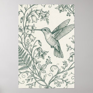 Poster Colibri vintage et fougère botanique en ligne fine