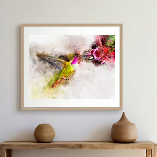 Poster Colibri volant avec fleur Aquarelle - 04
