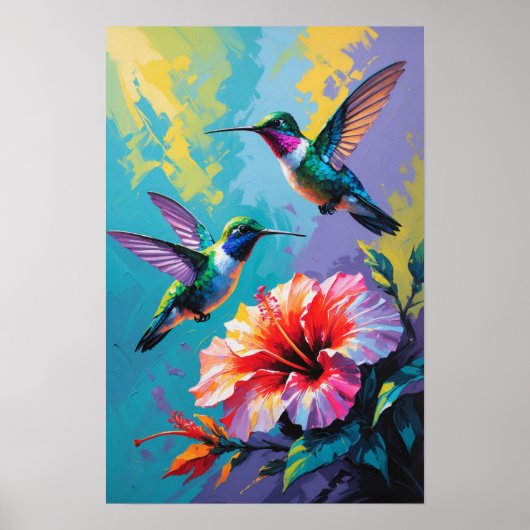 Poster Colibris colorés avec fleur tropicale vibrante (Devant)