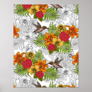 Poster Colibris et bouquet tropical