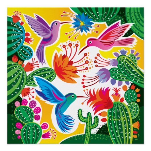 Poster Colibris et cactus en fleurs (Devant)