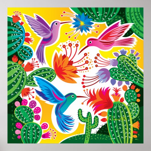 Poster Colibris et cactus en fleurs (Devant)