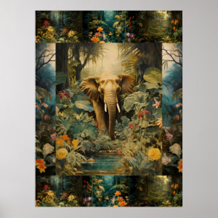 Poster Collage d'Art Eléphant Forêt Colorée Exotique