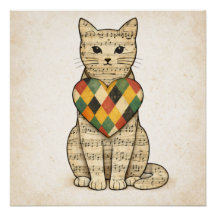 Collage de chat musical avec cœur d'Arlequin