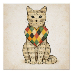 Poster Collage de chat musical avec cœur d'Arlequin