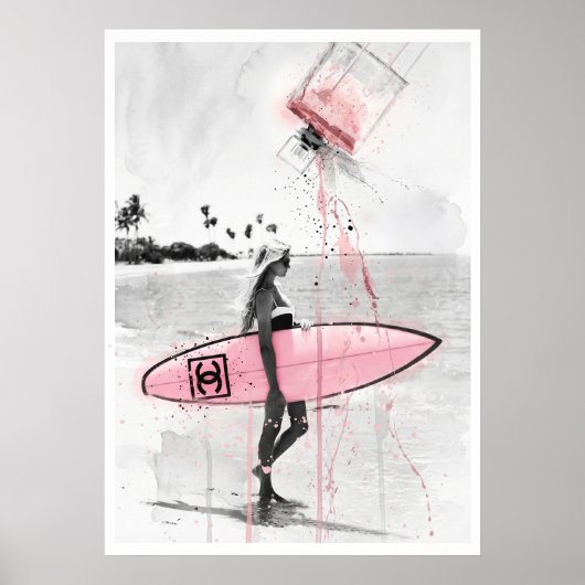 Poster Collage de mode moderne : surfeuse sur la plage av (Devant)