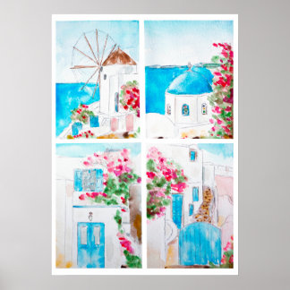 Poster Collage de peinture aquarelle grecque