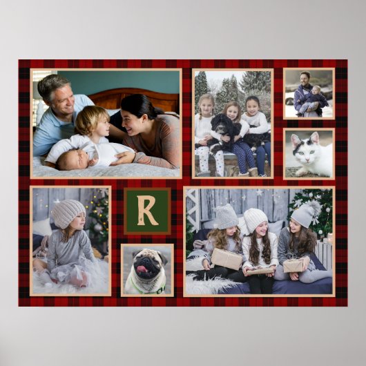 Poster Collage de photos de famille Monogrammé Rouge Buff (Devant)