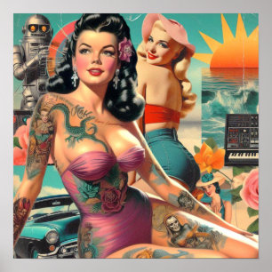 Poster Collage de pin-up d'été tatoué