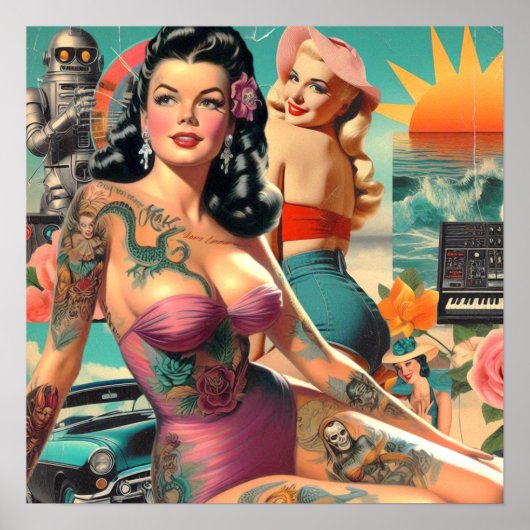 Poster Collage de pin-up d'été tatoué (Devant)