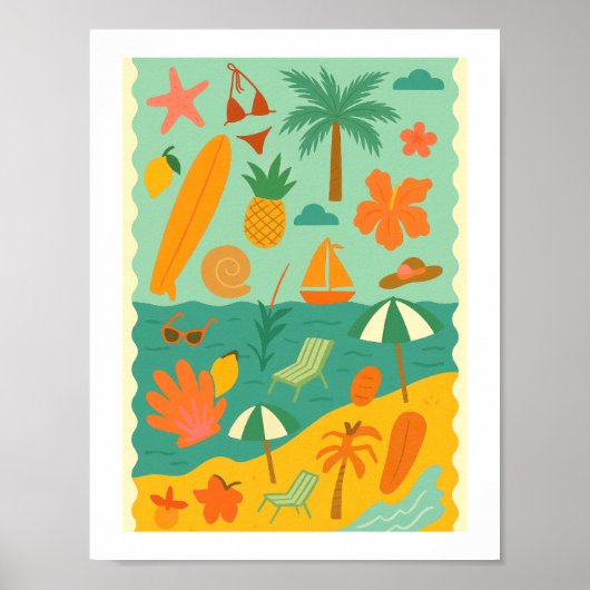Poster Collage de plage tropicale rétro Surf Vacances d'é (Devant)