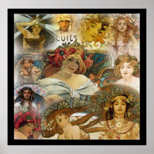 Poster Collage de visages vintage d'Alphonse Mucha