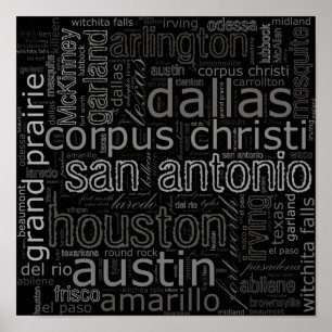 Poster Collage des textes de villes du Texas