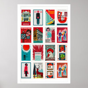 Poster Collage d'étiquettes de boîtes d'allumettes rouges