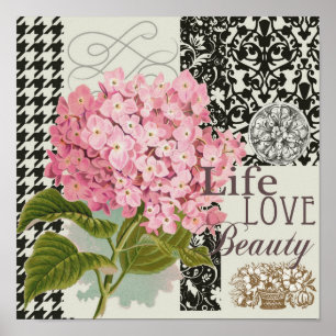 Poster Collage d'hortensia rose chic Art damassé vintage