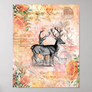 Poster Collage floral de cerf vintage