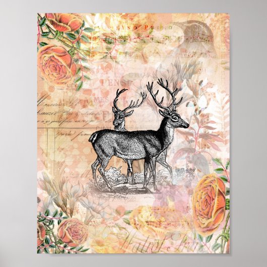 Poster Collage floral de cerf vintage (Devant)