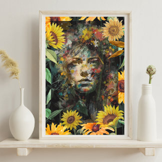 Poster Collage floral de tournesol femme jaune Portrait