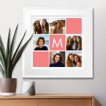 Poster Collage photo de corail et blanc Monogramme person<br><div class="desc">Vous pouvez utiliser des photos Instagram pour cette conception. Utilisez 6 photos carrés pour créer un cadeau unique et personnel. Ou vous pouvez garder le chiot hipster et faire un gardien branché. Si vous avez besoin d'ajuster les images,  cliquez sur l'outil personnaliser pour apporter des modifications.</div>