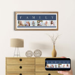 Poster Collage photo de famille 6 Bande photo bleu person<br><div class="desc">Impression personnalisée avec le mot FAMILY en haut de vos photos. Le modèle photo est configuré pour vous pour ajouter 6 de vos photos préférées, qui sont affichées en format carré dans un style simple, style bande, collage photo. Cette pièce élégante et élégante a une palette de couleurs côtières de...</div>