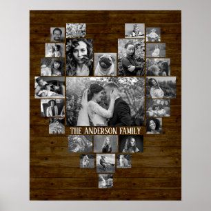 Poster Collage Photo Famille 25 B&W Heart Pics + Nom Wood