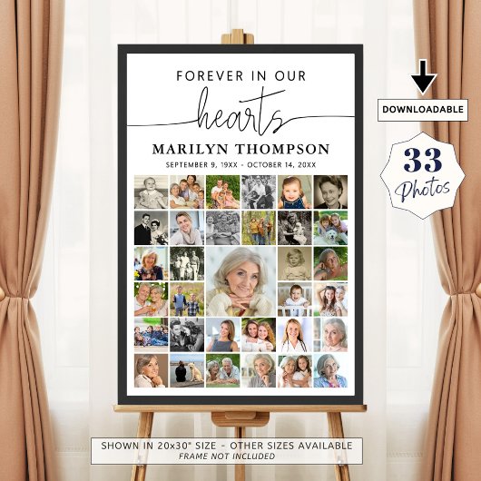 Poster Collage photo funéraire 33 cœurs manuscrits