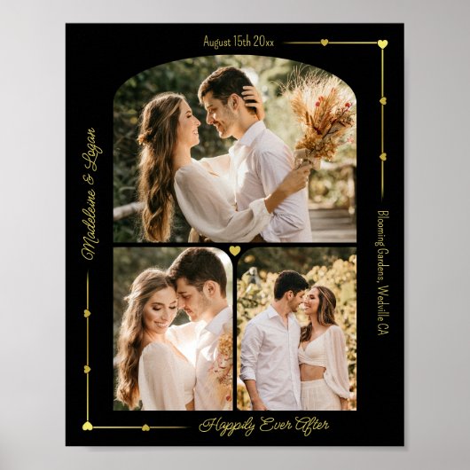 Poster Collage photo mariage personnalisé Coeurs d'or mod (Devant)