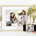 Poster Collage photo personnalisé 5 Love Life Gris Marble<br><div class="desc">Poster élégant que vous pouvez personnaliser avec 5 de vos photos préférées. Le modèle est configuré pour que vous puissiez ajouter vos photos, de gauche à droite. Vos photos sont posées sur un marbre d'aquarelle moderne en gris et blanc, avec un design géométrique élégant en gris et corail. Le texte...</div>