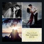 Poster Collage photo personnalisé First Christmas Damask<br><div class="desc">Belle affiche de Noël avec (3) de vos photos personnelles dans un collage. Personnalisez avec le nom du couple et d'autres informations - dans un cadre moderne sur un arrière - plan damassé. Ajoutez vos photos préférées et créez une belle impression de keepsaké. Cliquez sur Customiser pour déplacer des photos,...</div>