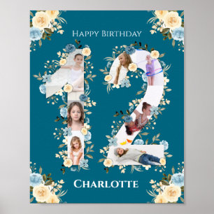 Poster Collage photo turquoise Fleur Jaune 12e anniversai