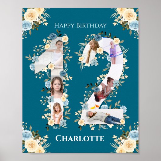 Poster Collage photo turquoise Fleur Jaune 12e anniversai (Devant)